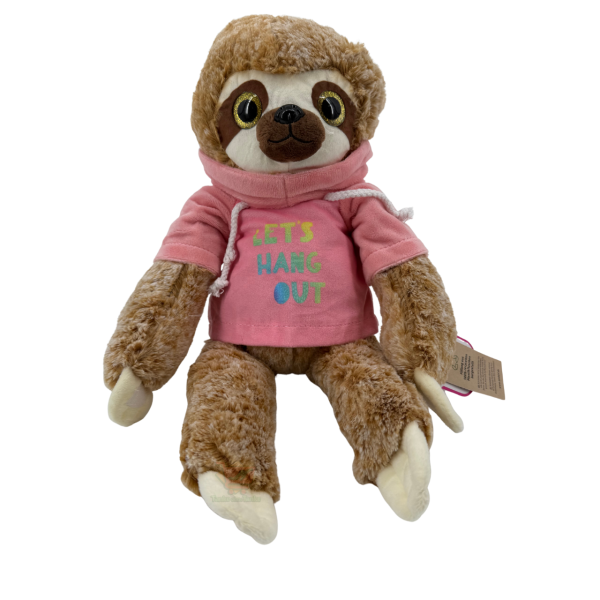 Faultier Plüschtier mit pinkem Hoodie „IT’S HANG OUT“ – sitzend ca. 30 cm (stehend ca. 50 cm), niedliches Kuscheltier als Geschenk oder Deko.